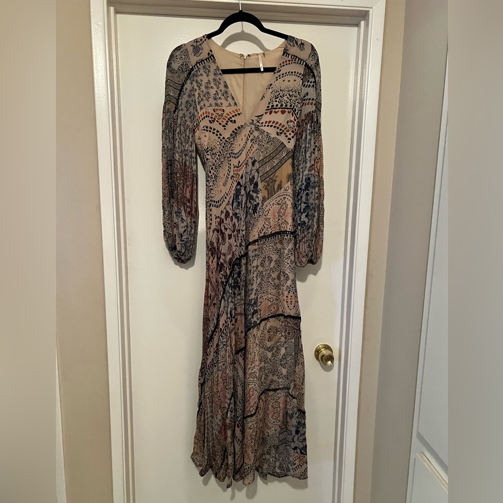 Free People Brown Tan Maxi Gown with V-neck and Bishop Sleeves
